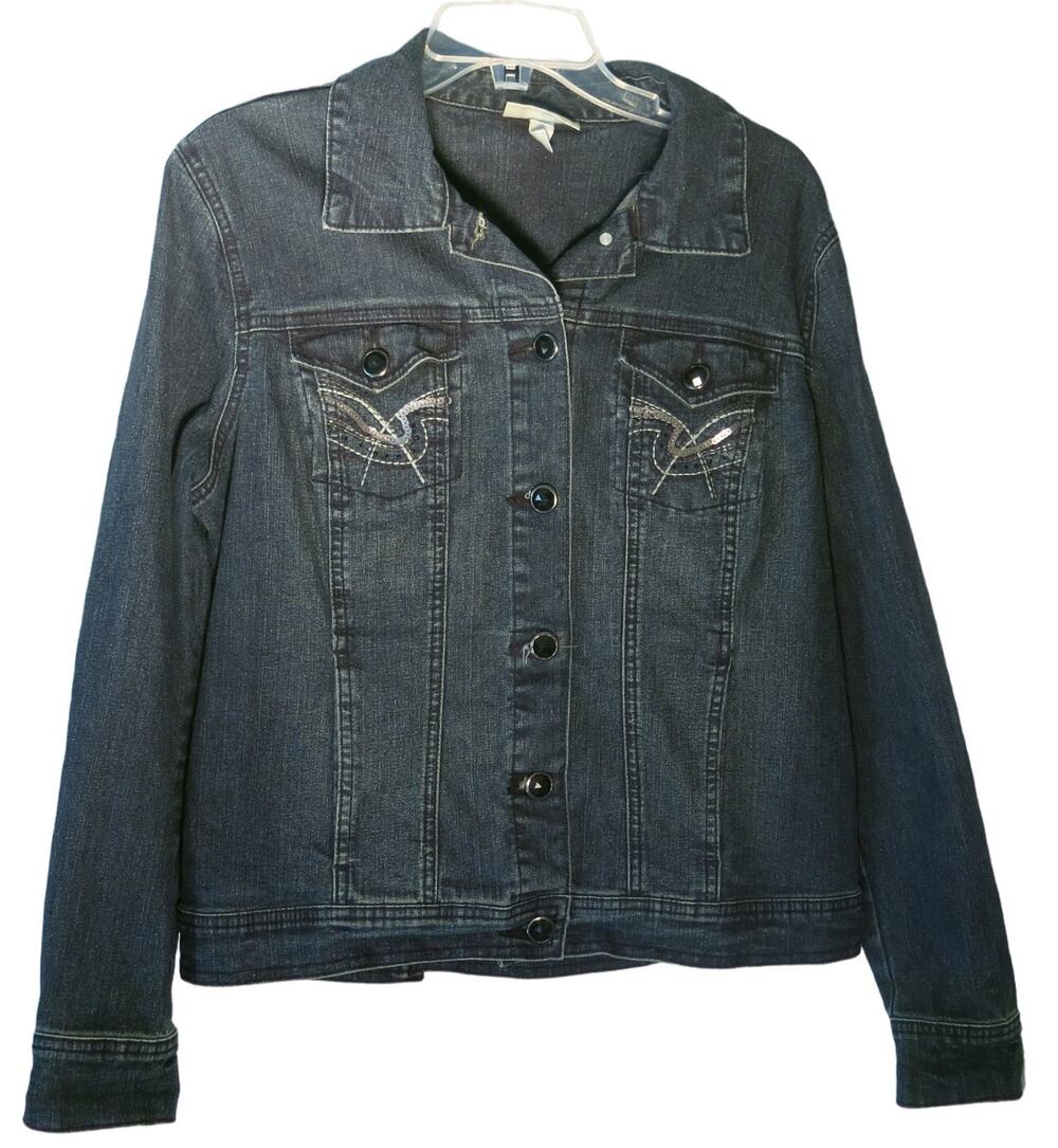 DRESSBARN Jean Jacket Size XL Women Denim Sequins Embroidery Blue Y2K Retro